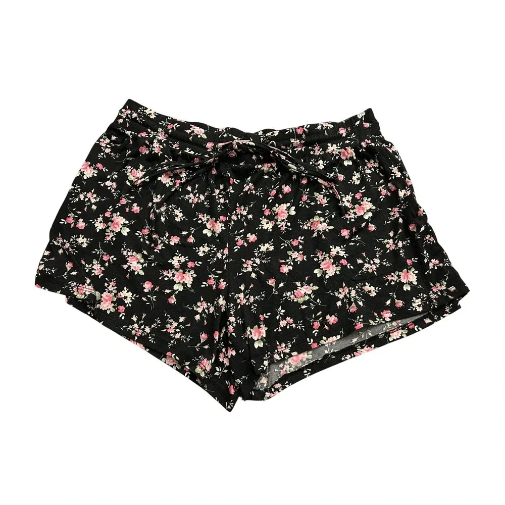 Vintage Floral Lounge Shorts‎ Womens XL Black Pink Excellent Elastic Waist